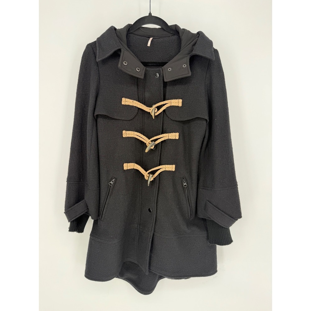 FREE PEOPLE BOILED WOOL‎ HOODED MILITARY PEACOAT TOGGLE BUTTON BLACK XS